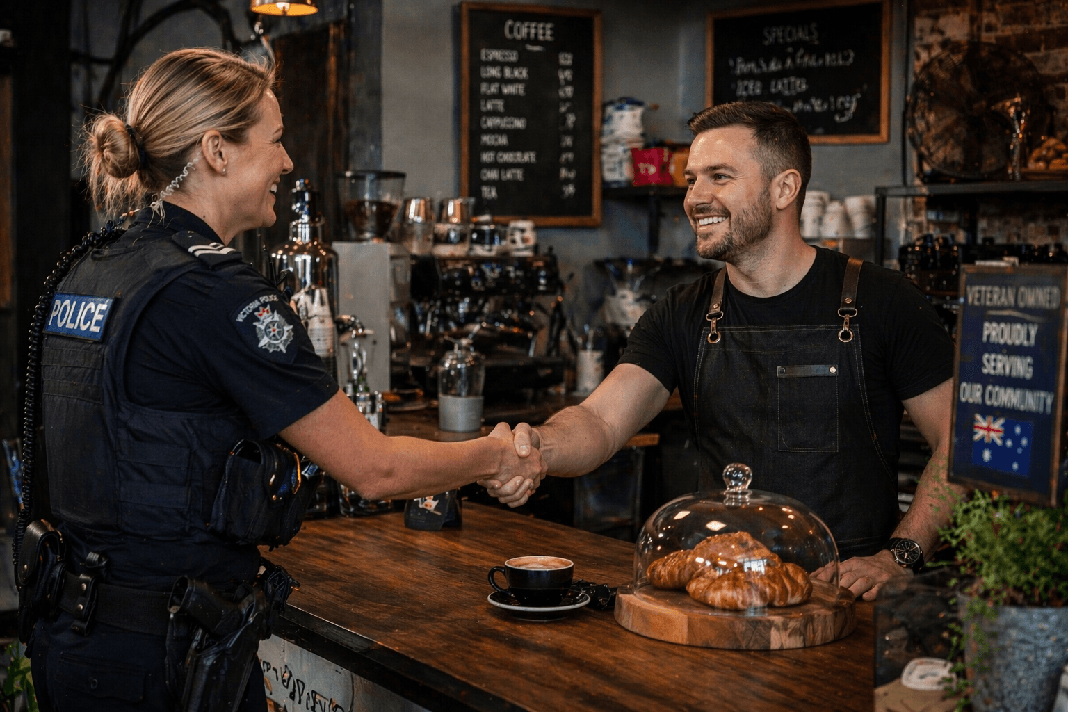 Police officer and veteran-owned cafe owner shaking hands