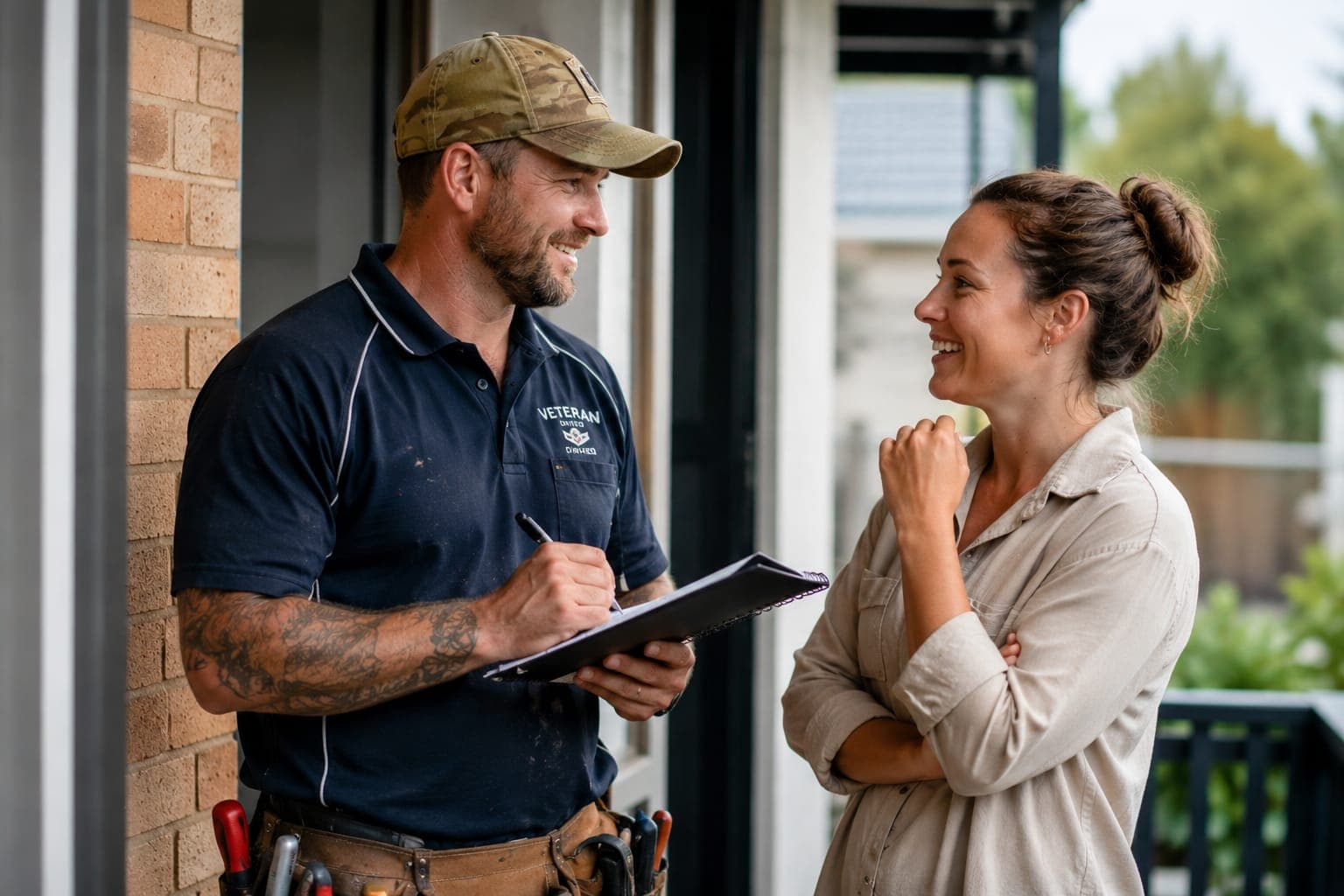 Veteran-owned tradie writing a quote for a smiling homeowner on her front porch — Adelaide