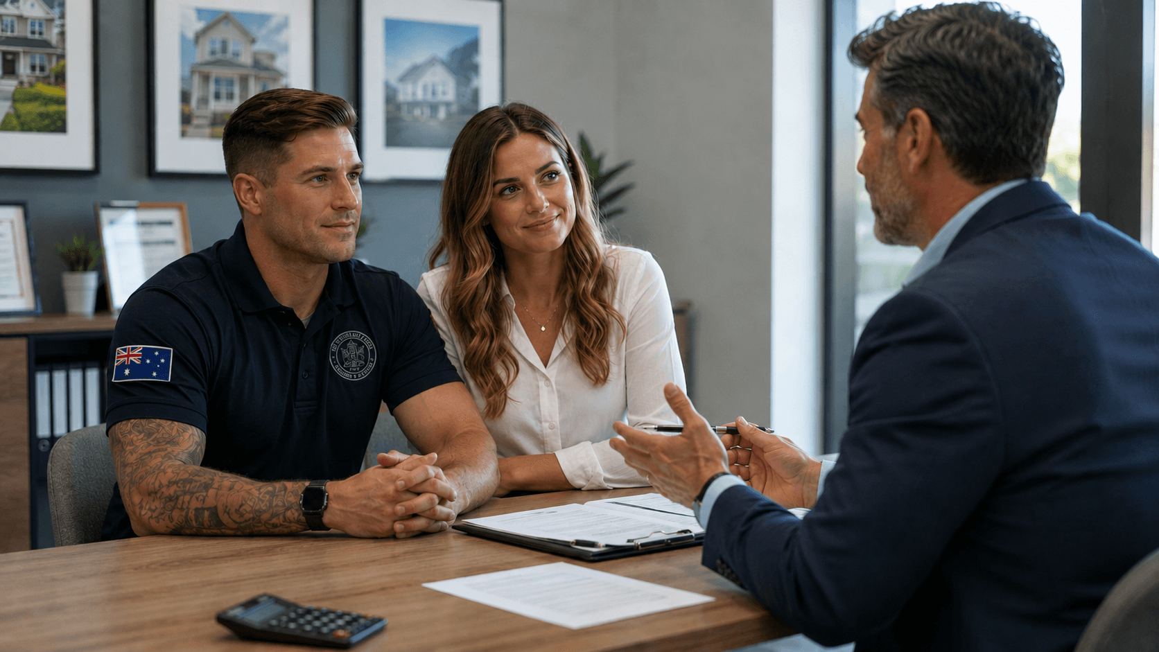 Australian veteran first responder and female speaking with mortgage broker in an office