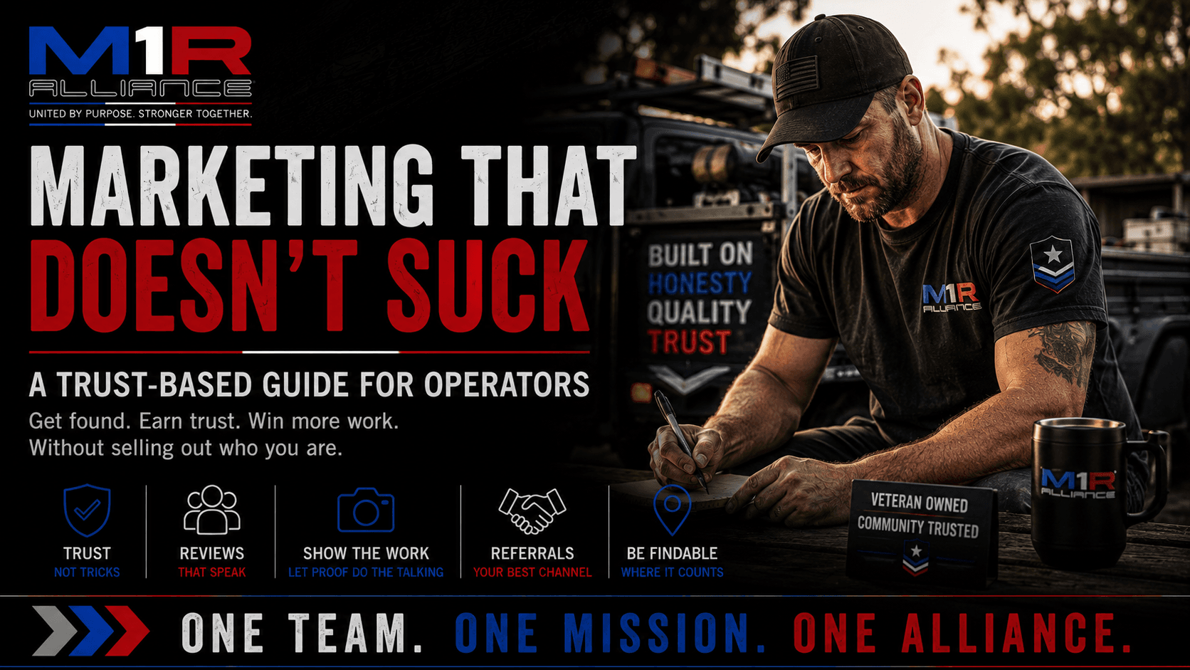 Aussie veteran sitting at a table writing a marketing lan looking confident that he's on the right track